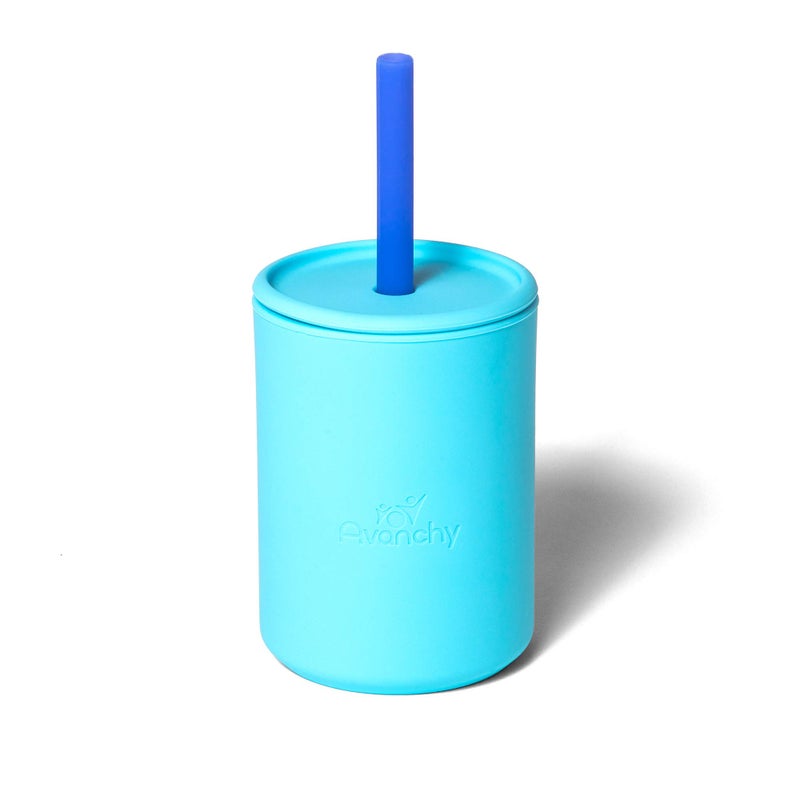 Avanchy Silicone Training Sippy Cup with Straw Lid - Tiny Cup for Babies 6+ Months to Toddlers 1 Year Old - 5 oz Infant Water Cup for Baby Led Weaning, Blue - Image 1